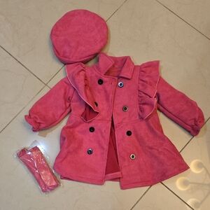 Pink Double-Breasted Coat with Beret And Belt